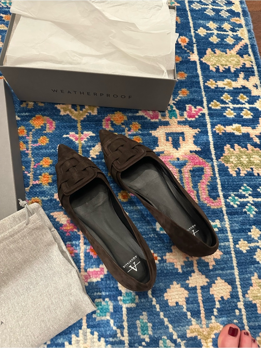 Aquatalia Jojo Espresso Suede flats. Pointed Toe, weatherproof.